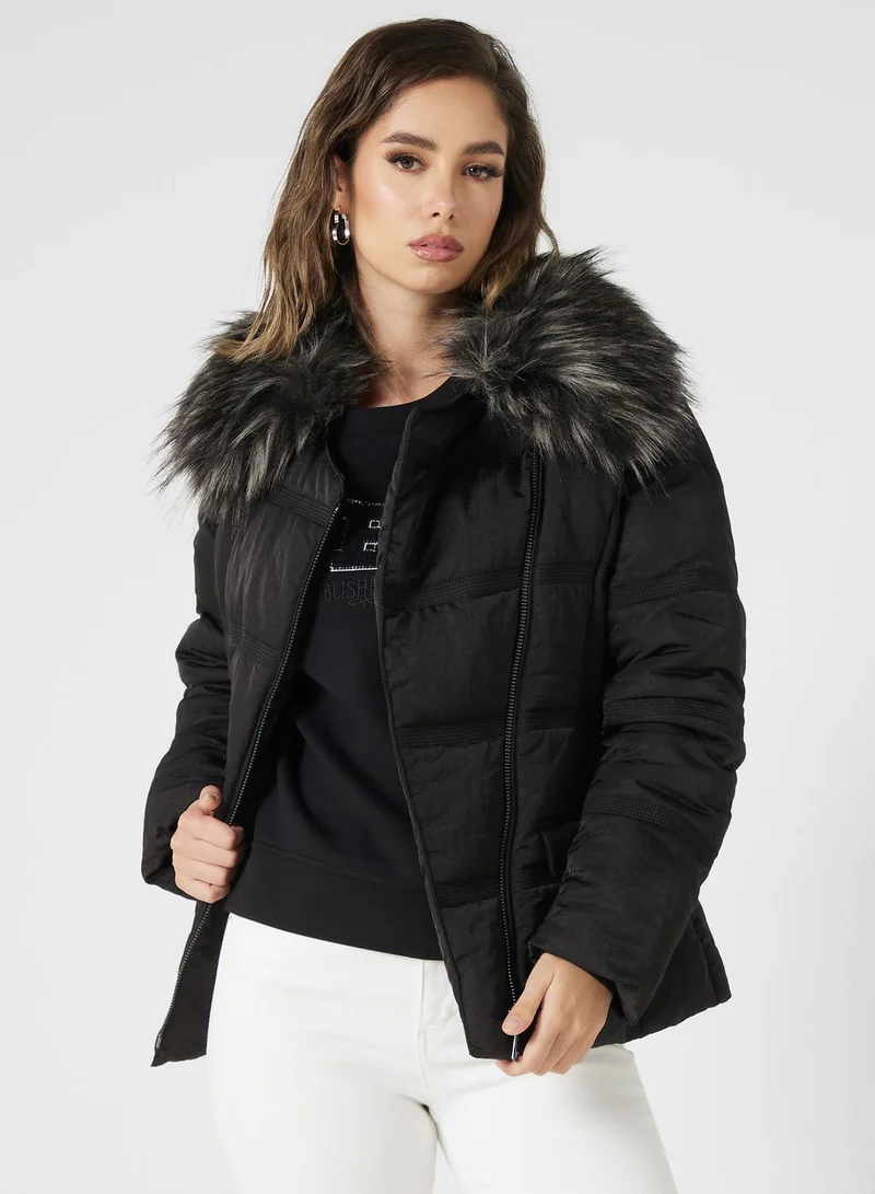 GUESS Belted Fut Detail Jacket