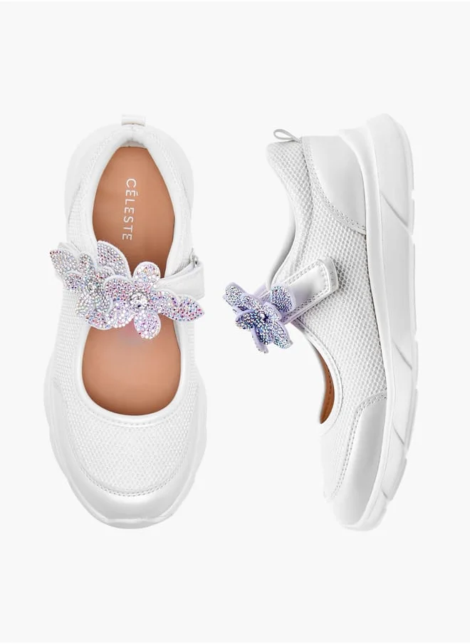 سيليست Girl's Floral Accent Mary Jane Shoes with Hook and Loop Closure