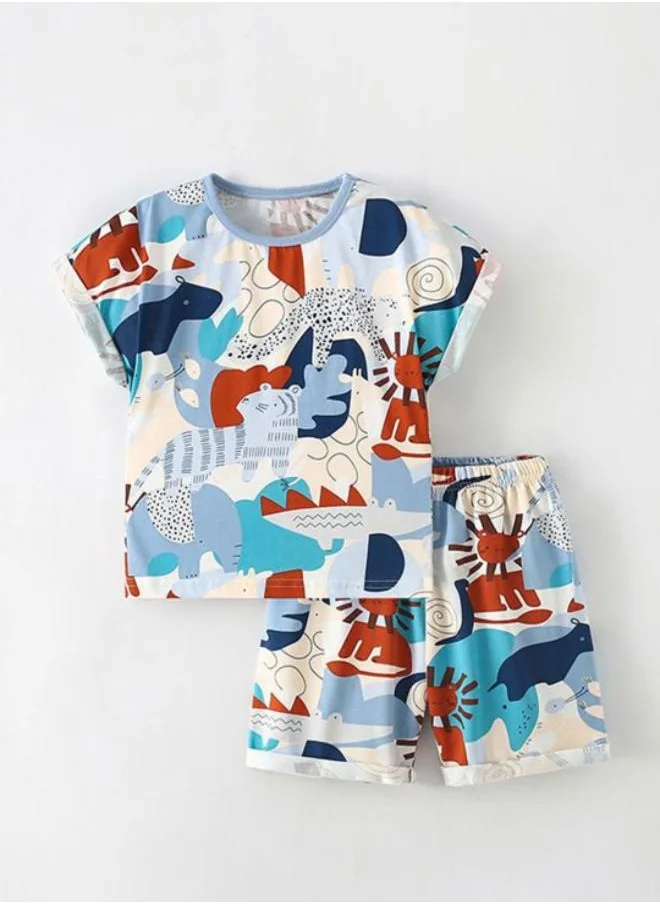 YUNIQEE Blue Crew Neck Short Sleeve Printed Tshirt & Shorts