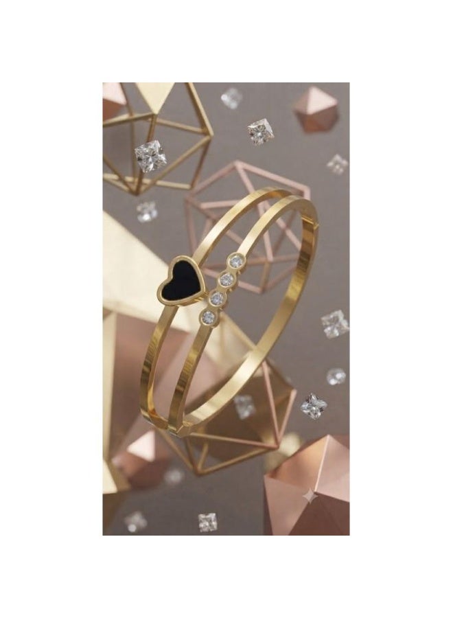 Women's Double-Layer Stainless Steel Bangle Bracelet with Black Heart Charm & Zirconia Accents, Waterproof Gold-Tone