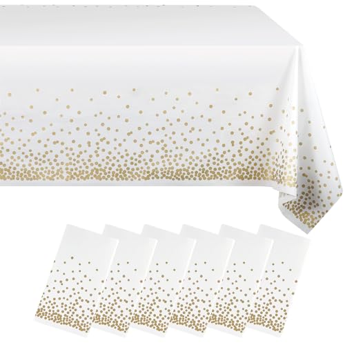 Eleclassi White and Gold Dot 6 Pack Premium Disposable Plastic Tablecloth 54 x 108 in  Polka Dot Plastic Table Cloth Disposable Tablecloth for Rectangle Table up to 8 Feet