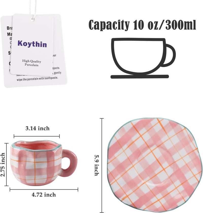 Koythin Ceramic Coffee Mug, Cute Pink Cup for Women with Saucer for Office and Home, Dishwasher and Microwave Safe, 10 oz/300 ml for Latte Tea Milk (Pink Check) - Image 2