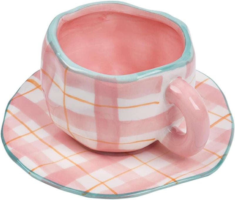 Koythin Ceramic Coffee Mug, Cute Pink Cup for Women with Saucer for Office and Home, Dishwasher and Microwave Safe, 10 oz/300 ml for Latte Tea Milk (Pink Check) - Image 1