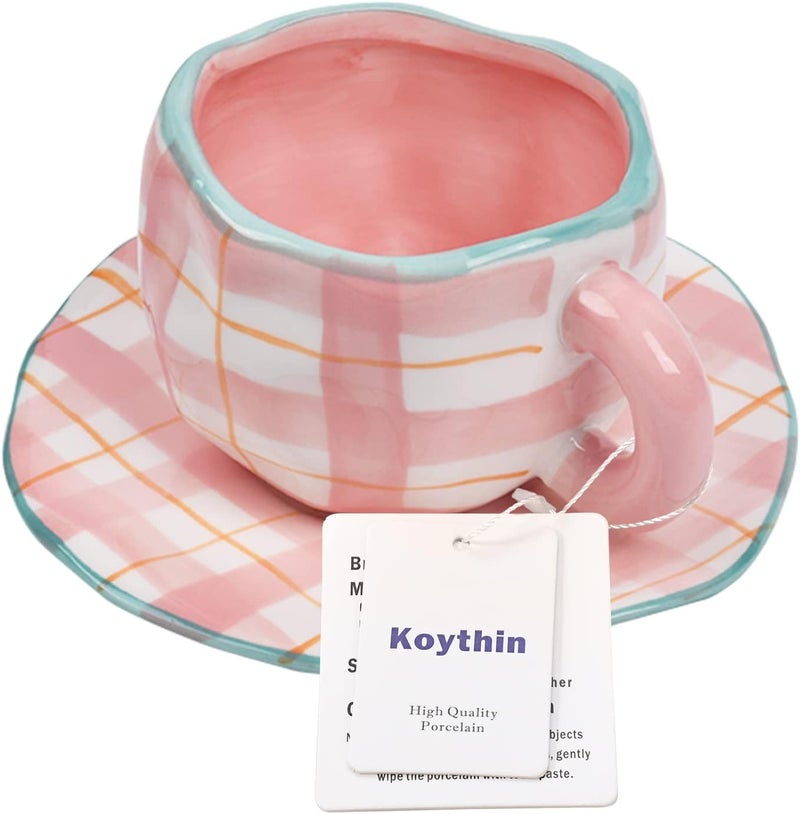 Koythin Ceramic Coffee Mug, Cute Pink Cup for Women with Saucer for Office and Home, Dishwasher and Microwave Safe, 10 oz/300 ml for Latte Tea Milk (Pink Check) - Image 3