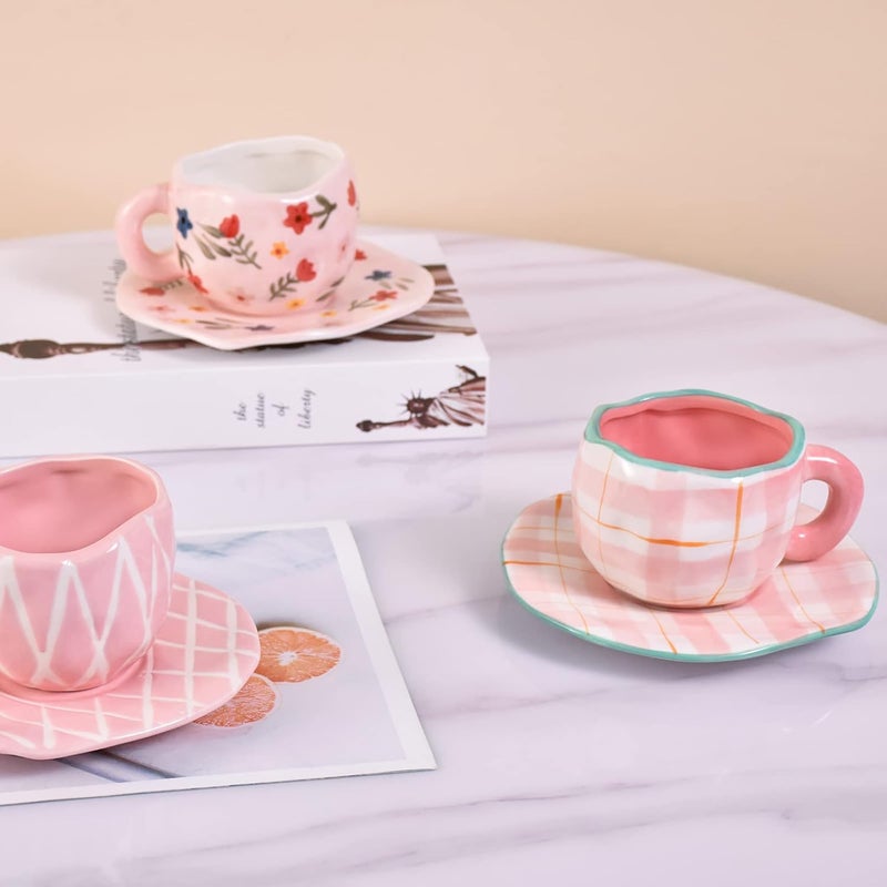 Koythin Ceramic Coffee Mug, Cute Pink Cup for Women with Saucer for Office and Home, Dishwasher and Microwave Safe, 10 oz/300 ml for Latte Tea Milk (Pink Check) - Image 4