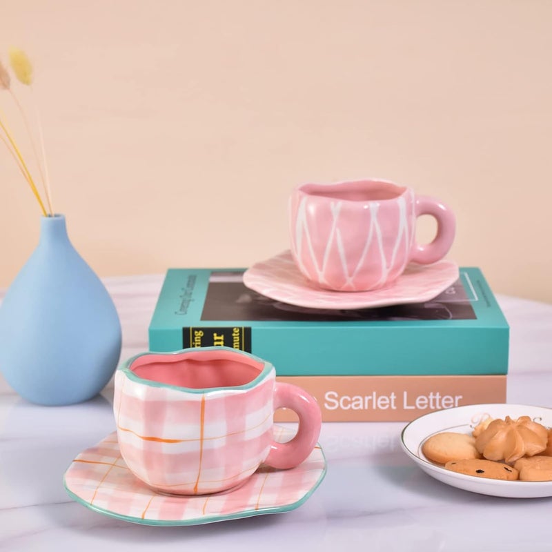 Koythin Ceramic Coffee Mug, Cute Pink Cup for Women with Saucer for Office and Home, Dishwasher and Microwave Safe, 10 oz/300 ml for Latte Tea Milk (Pink Check) - Image 5