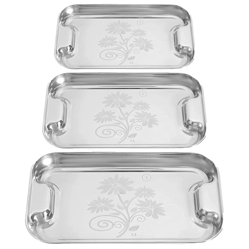 IDEAL PRIME Durable Stainless Steel Tray Set 3 Pices with Designer Laser Print Design Steel Serving Tray Set Lemon Platter Small Medium Large Pack of 3 - Image 1