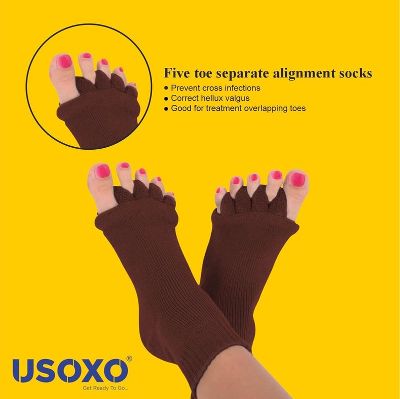 USOXO Foot Alignment Socks|Cotton Finger Toe Separator|Easing Bunion Hammertoe And Arthritis Pain Relief|Improving Posture & Increasing Flexibility|Free Size For Office Yoga Men & Women (Brown) - Image 2
