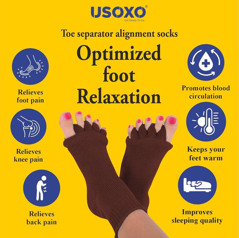 USOXO Foot Alignment Socks|Cotton Finger Toe Separator|Easing Bunion Hammertoe And Arthritis Pain Relief|Improving Posture & Increasing Flexibility|Free Size For Office Yoga Men & Women (Brown) - Image 5