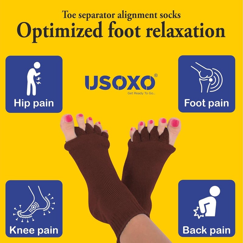 USOXO Foot Alignment Socks|Cotton Finger Toe Separator|Easing Bunion Hammertoe And Arthritis Pain Relief|Improving Posture & Increasing Flexibility|Free Size For Office Yoga Men & Women (Brown) - Image 3