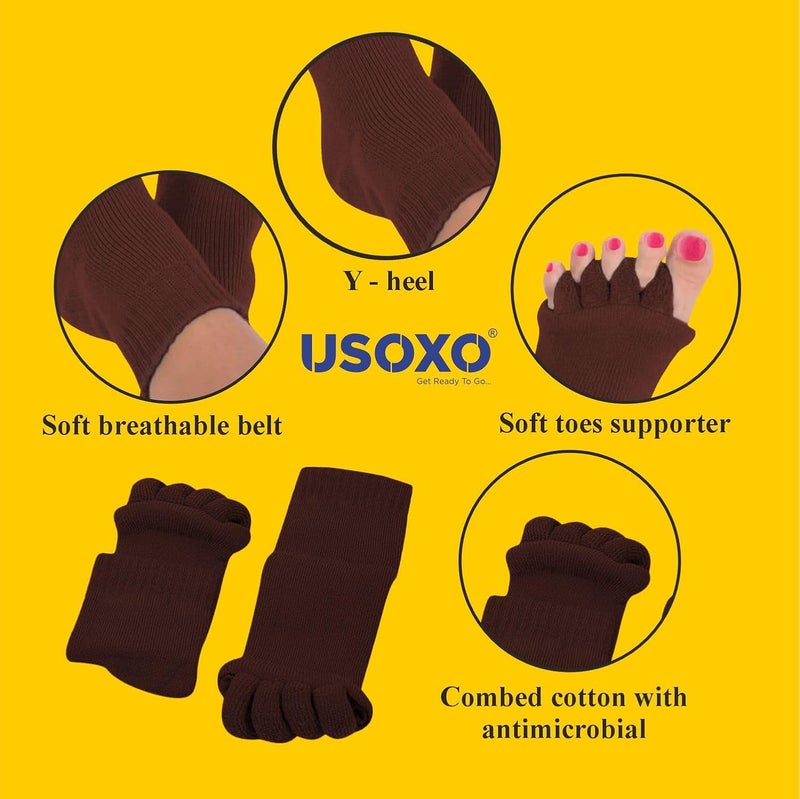 USOXO Foot Alignment Socks|Cotton Finger Toe Separator|Easing Bunion Hammertoe And Arthritis Pain Relief|Improving Posture & Increasing Flexibility|Free Size For Office Yoga Men & Women (Brown) - Image 4