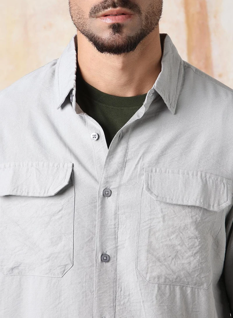 HIGH STAR Men Relaxed Fit Spread Collar Double Flap pocket utility Solid Textured Casual Shirt