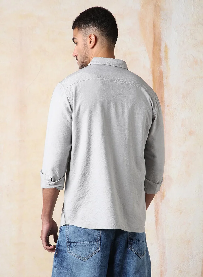 HIGH STAR Men Relaxed Fit Spread Collar Double Flap pocket utility Solid Textured Casual Shirt