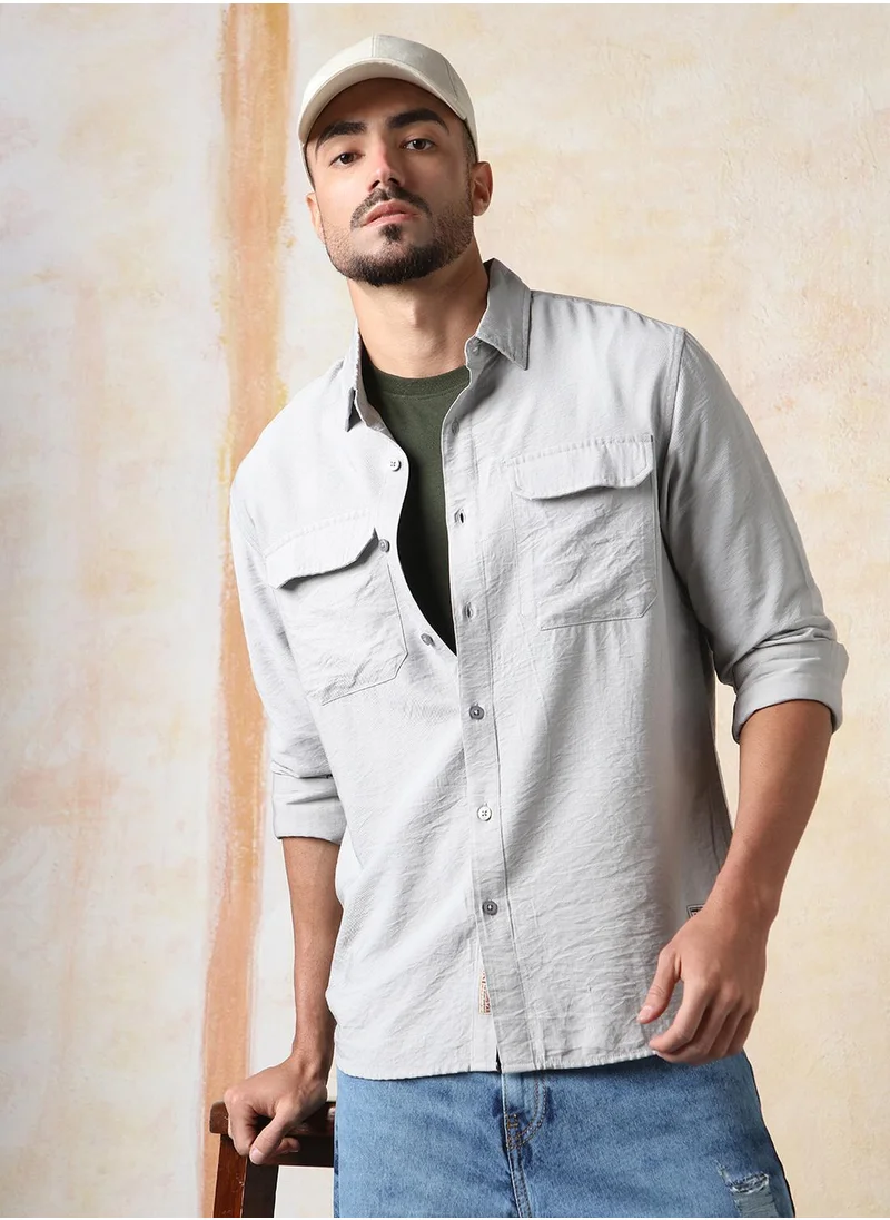 HIGH STAR Men Relaxed Fit Spread Collar Double Flap pocket utility Solid Textured Casual Shirt