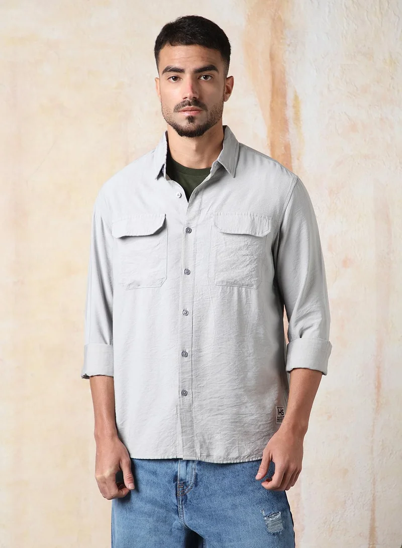 HIGH STAR Men Relaxed Fit Spread Collar Double Flap pocket utility Solid Textured Casual Shirt