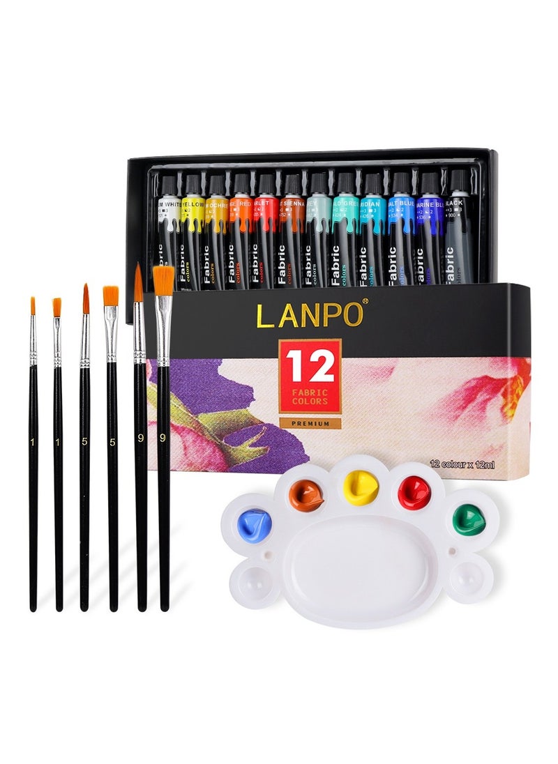 Lanpo 12 Colors Fabric Acrylic Paint Set (12ml/0.4oz),Permanent Textile Paint Kit with 6 Brushes and 1 1 Palette, Non-Toxic Slick Painting Set for Clothes,Shoes, Canvas, Ideal for Adults, Beginner & Artists  - Image 1