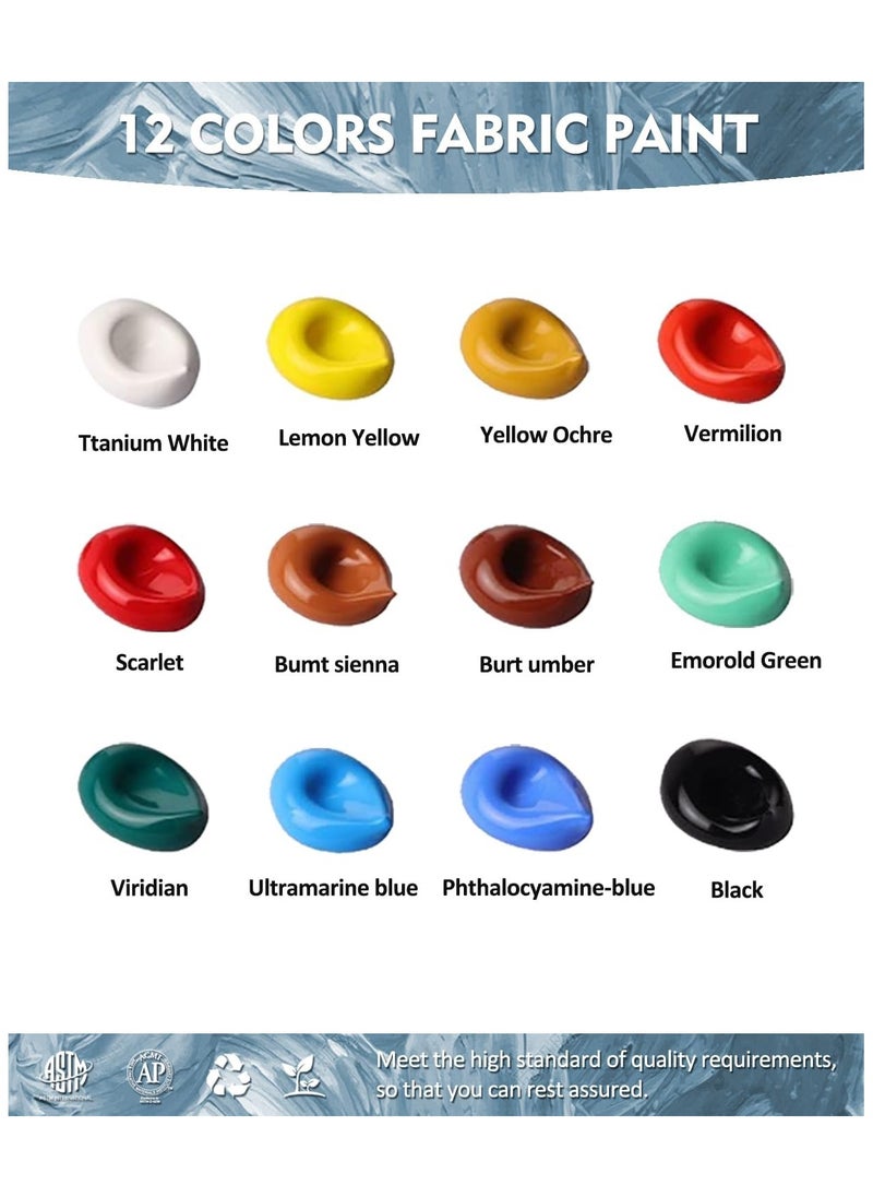 Lanpo 12 Colors Fabric Acrylic Paint Set (12ml/0.4oz),Permanent Textile Paint Kit with 6 Brushes and 1 1 Palette, Non-Toxic Slick Painting Set for Clothes,Shoes, Canvas, Ideal for Adults, Beginner & Artists  - Image 2