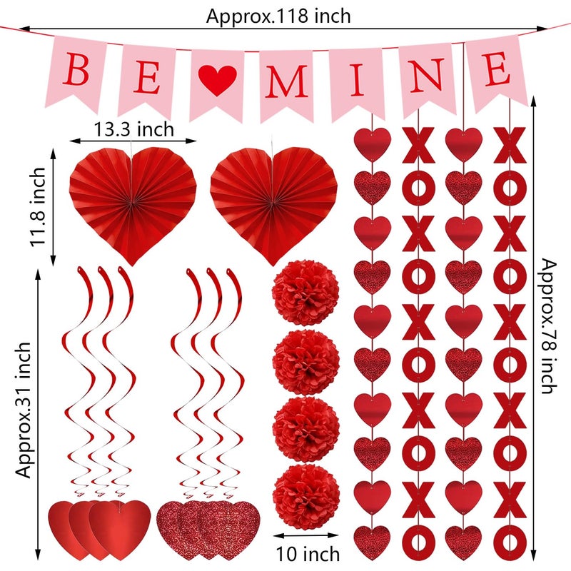 JIALWEN Valentine's Day Decorations Set, Pre-Assembled BE Mine Banner, XO Garlands, Hanging Heart String Garlands, Heart Swirl, Heart Paper Fans, Paper Balls for Anniversary, Wedding Party Supplies - Image 2