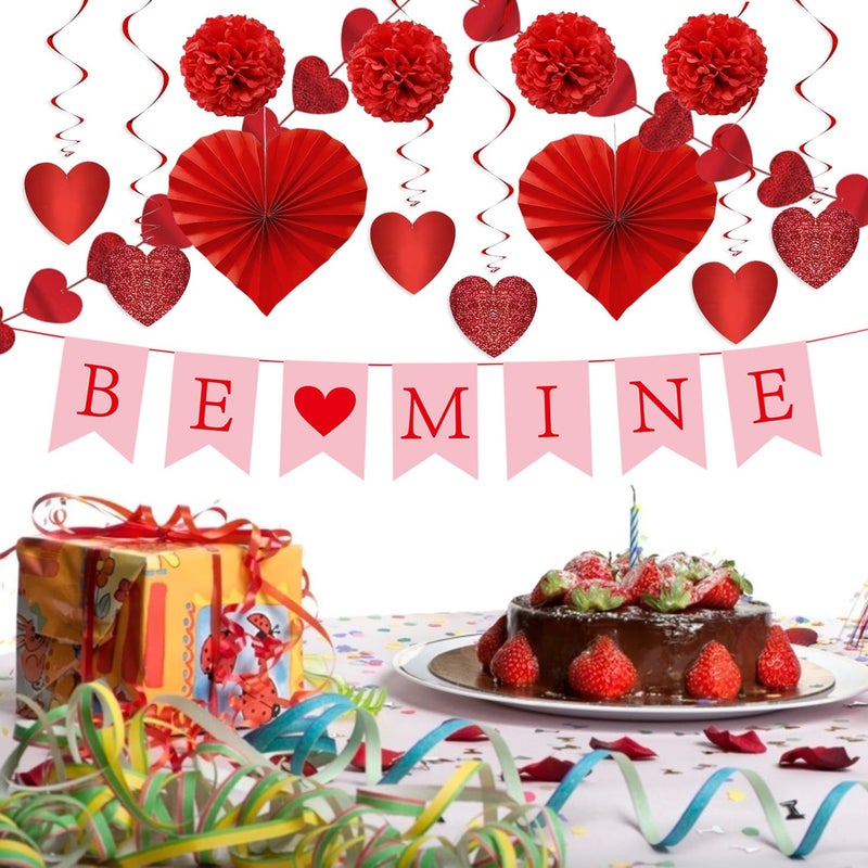 JIALWEN Valentine's Day Decorations Set, Pre-Assembled BE Mine Banner, XO Garlands, Hanging Heart String Garlands, Heart Swirl, Heart Paper Fans, Paper Balls for Anniversary, Wedding Party Supplies - Image 3