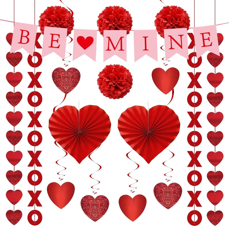 JIALWEN Valentine's Day Decorations Set, Pre-Assembled BE Mine Banner, XO Garlands, Hanging Heart String Garlands, Heart Swirl, Heart Paper Fans, Paper Balls for Anniversary, Wedding Party Supplies - Image 1
