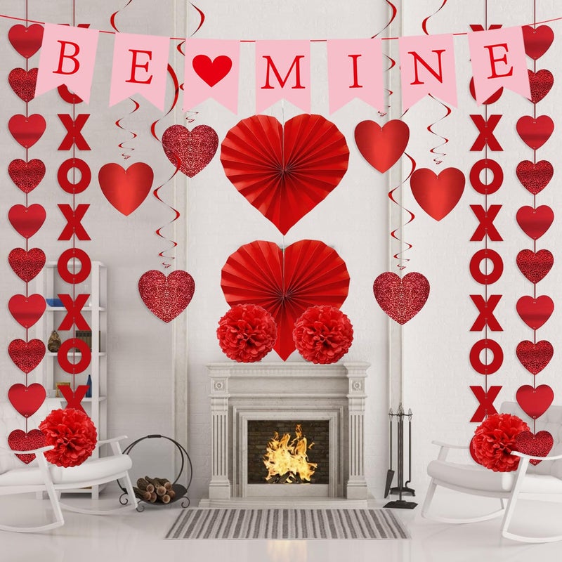 JIALWEN Valentine's Day Decorations Set, Pre-Assembled BE Mine Banner, XO Garlands, Hanging Heart String Garlands, Heart Swirl, Heart Paper Fans, Paper Balls for Anniversary, Wedding Party Supplies - Image 4