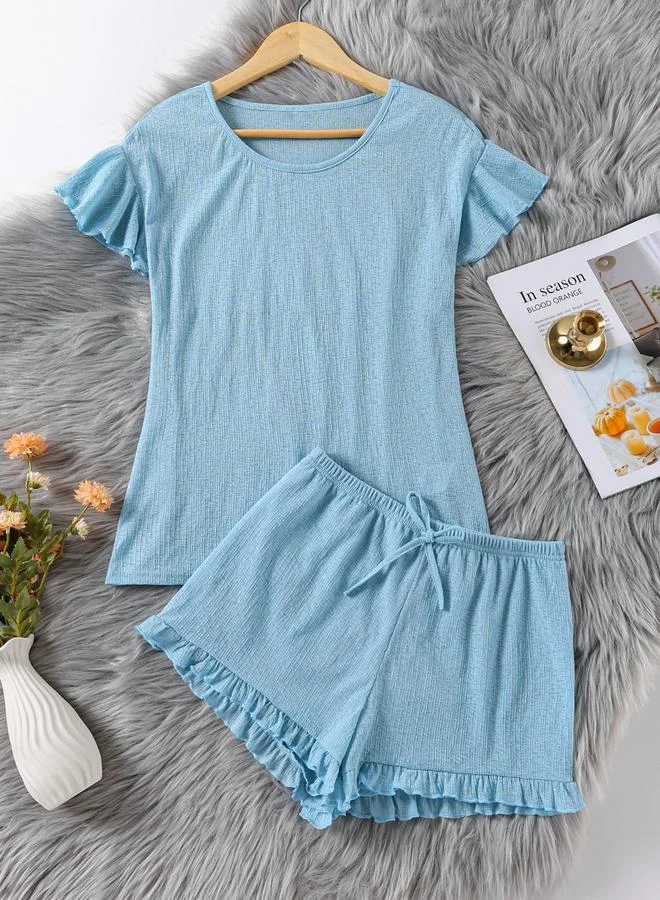 Take Two Blue Ruffle Trim Top and Shorts Pyjama Set