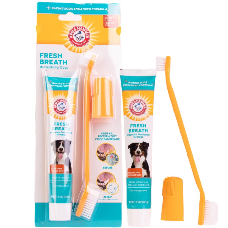 Arm & Hammer for Pets Fresh Breath Enzymatic Dog Dental Care Kit - Includes Dog Toothpaste, Dual Sided Toothbrush and Fingerbrush - Bad Breath Treatment, Chicken Flavor, 2.5 Ounce - Image 1