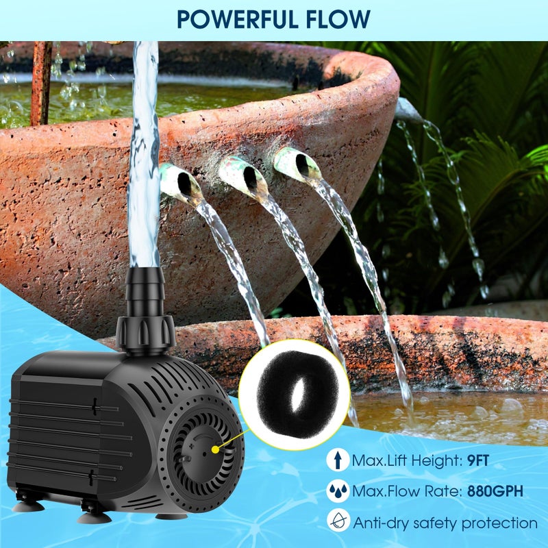 NFESOLAR Submersible Water Pump 880GPH, 60W Ultra Quiet Fountain Pump with Dry Burning Protection 9ft High Lift for Fish Pond, Fountains, Waterfall, Hydroponics, Aquariums KF206 - Image 3