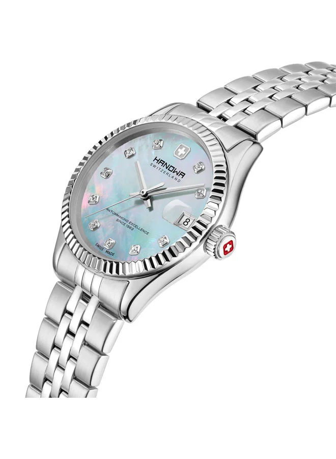 هانوا ساعة يد نسائية بعقارب من الستانلس ستيل بقرص من عرق اللؤلؤ أزرق فاتح  مم