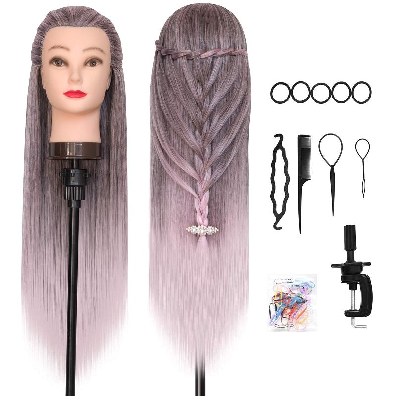 DANSEE Mannequin Head 28" Long Synthetic Fiber Hair Styling Training Head Manikin Cosmetology Doll Head Hair with DIY Braiding Set+ Free Table Clamp (Light pink) - Image 3