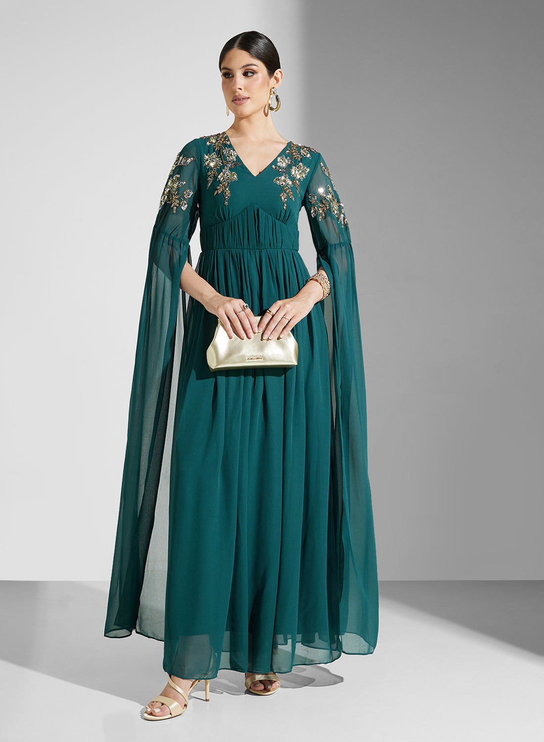 green frock and frill dress Cape Sleeve Gown | Best Price KSA Midi dress