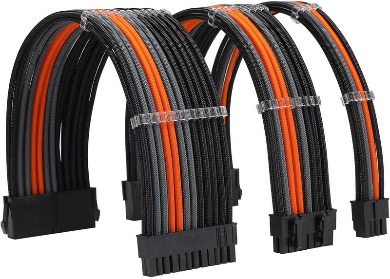 Formulamod Sleeve Extension Power Supply Cable Kit 18AWG ATX 24P+ EPS 8-P+PCI-E8-P with Combs for PSU to Motherboard/GPU Fm-NCK3 (Black Orange Grey) - Image 1