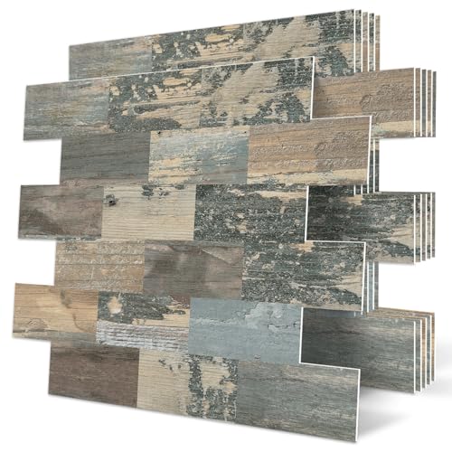 DEWOO Peel and Stick Self Adhesive Wall Tiles Kitchen Backsplash Distressed Wood Look,Green Vintage Old Fashion (10-Sheet, 13.5" x 11.4") - Image 1