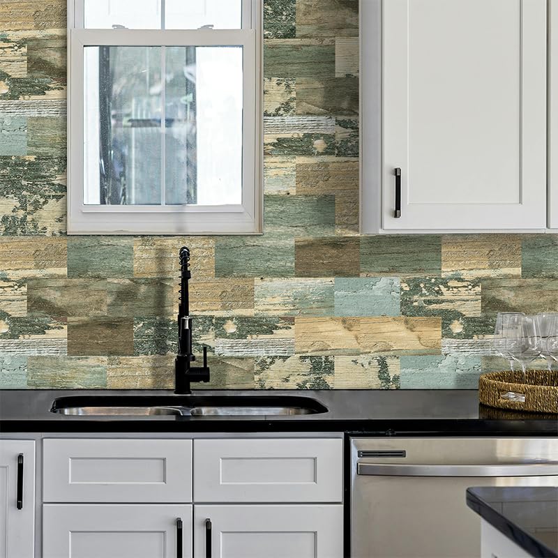 DEWOO Peel and Stick Self Adhesive Wall Tiles Kitchen Backsplash Distressed Wood Look,Green Vintage Old Fashion (10-Sheet, 13.5" x 11.4") - Image 2