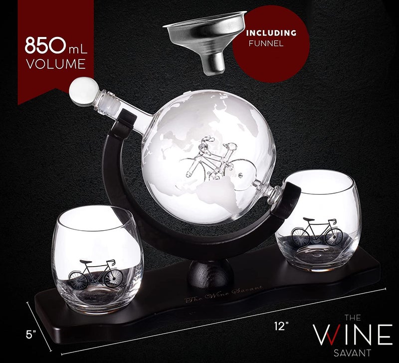 The Wine Savant Globe Whiskey Decanter Sets with 2 Liquor Glasses - Bike Whisky Decanter & Glass Set with Wood Base and 9 Whiskey Stones - Cycling Gifts for Men - Bourbon and Scotch Decanter - World Traveler Gifts - Image 3