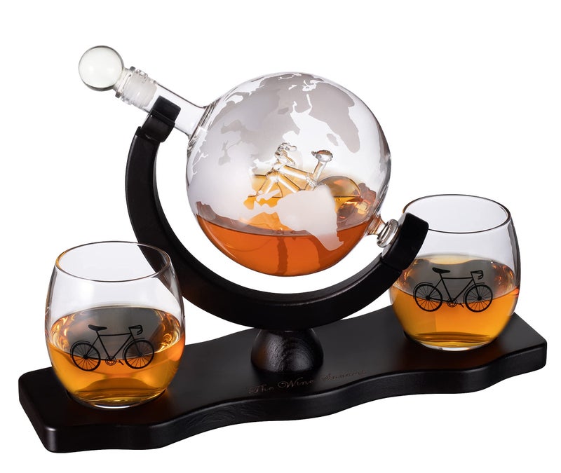 The Wine Savant Globe Whiskey Decanter Sets with 2 Liquor Glasses - Bike Whisky Decanter & Glass Set with Wood Base and 9 Whiskey Stones - Cycling Gifts for Men - Bourbon and Scotch Decanter - World Traveler Gifts - Image 1
