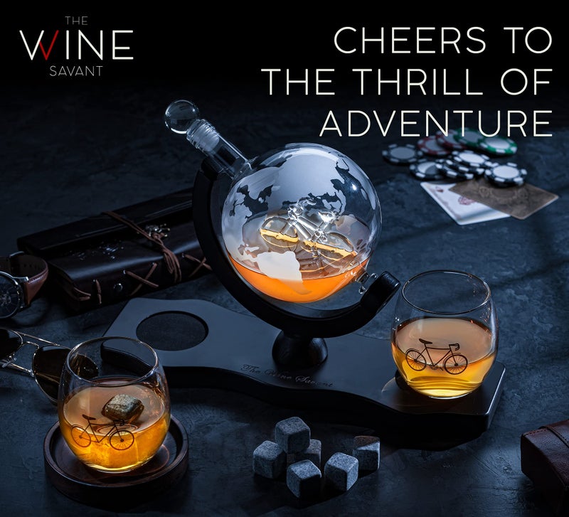 The Wine Savant Globe Whiskey Decanter Sets with 2 Liquor Glasses - Bike Whisky Decanter & Glass Set with Wood Base and 9 Whiskey Stones - Cycling Gifts for Men - Bourbon and Scotch Decanter - World Traveler Gifts - Image 2