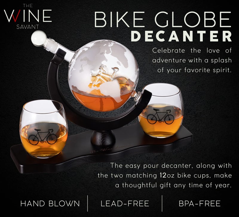 The Wine Savant Globe Whiskey Decanter Sets with 2 Liquor Glasses - Bike Whisky Decanter & Glass Set with Wood Base and 9 Whiskey Stones - Cycling Gifts for Men - Bourbon and Scotch Decanter - World Traveler Gifts - Image 4