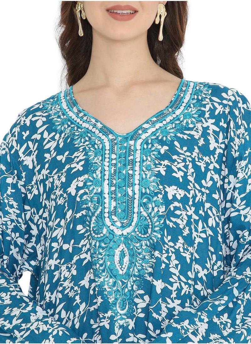 HANA & SARA - STYLISH ELEGANT THREAD EMBROIDERY WITH PRINTED LONG ARABIC KAFTAN JALABIYA DRESS - Image 1