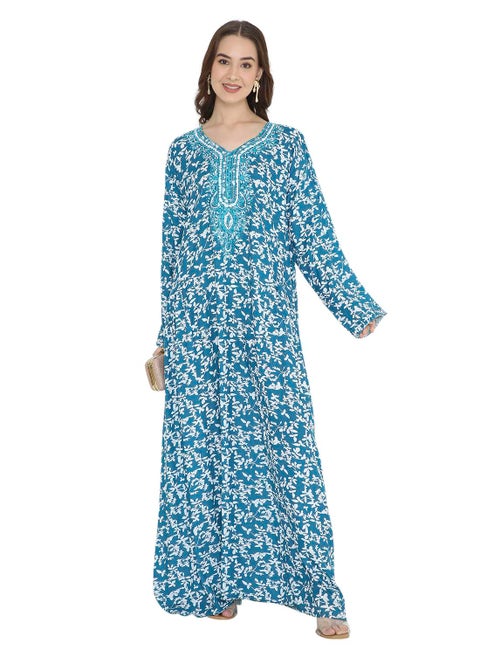 STYLISH ELEGANT THREAD EMBROIDERY WITH PRINTED LONG ARABIC KAFTAN JALABIYA DRESS