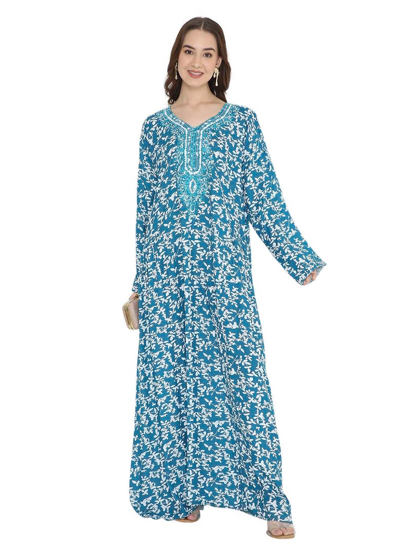 HANA & SARA - STYLISH ELEGANT THREAD EMBROIDERY WITH PRINTED LONG ARABIC KAFTAN JALABIYA DRESS - Image 1