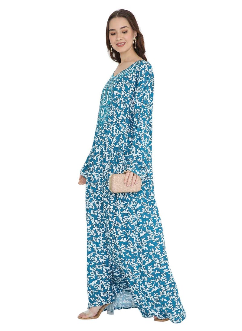 HANA & SARA - STYLISH ELEGANT THREAD EMBROIDERY WITH PRINTED LONG ARABIC KAFTAN JALABIYA DRESS - Image 1