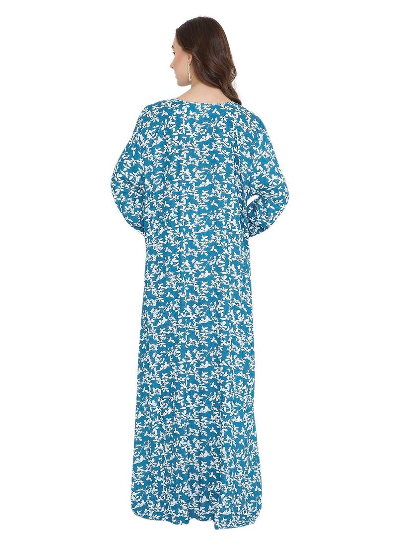 HANA & SARA - STYLISH ELEGANT THREAD EMBROIDERY WITH PRINTED LONG ARABIC KAFTAN JALABIYA DRESS - Image 1