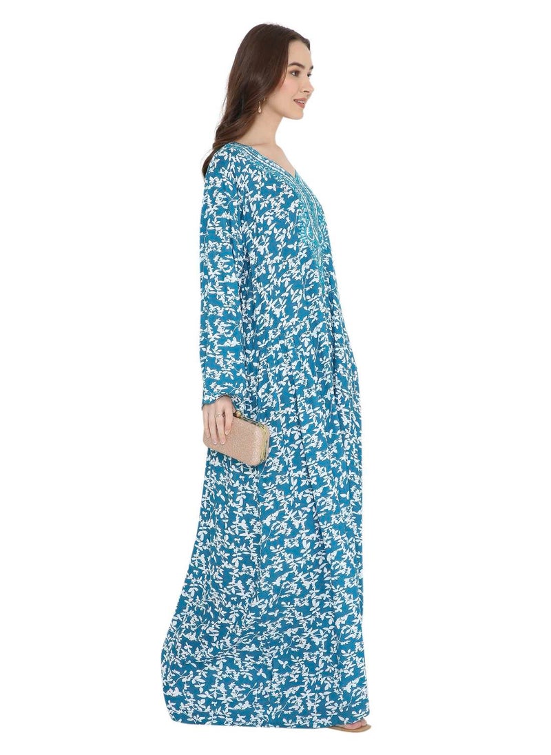 HANA & SARA - STYLISH ELEGANT THREAD EMBROIDERY WITH PRINTED LONG ARABIC KAFTAN JALABIYA DRESS - Image 1