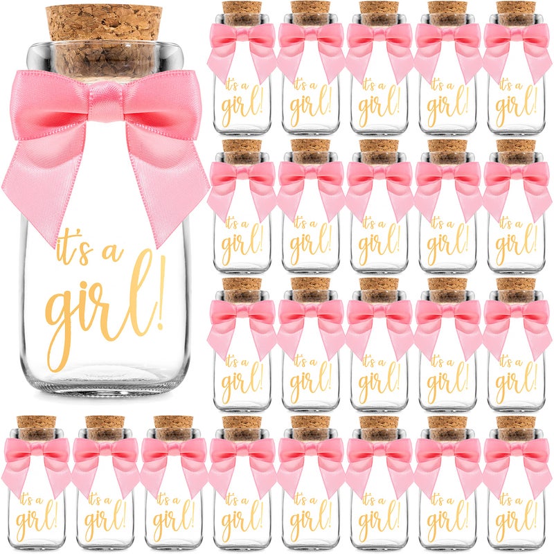 Ethisa Small 24 Pack Its a Girl Milk Glass Bottles with Ribbons and Stickers  Vintage Baby Shower Favors for Guests and Table Centerpieces  Girl Baby Shower Decorations  Sturdy Thank You Candy Jar