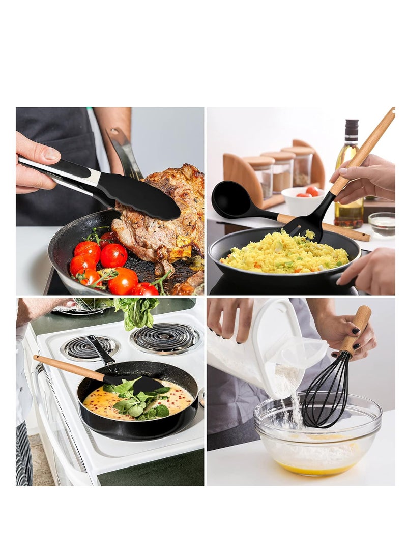 Raxoom Kitchen Utensils Set of 12, Silicone Cooking Utensils with Holder, Non-stick Cookware Friendly & Heat Resistant, Includes Spatula Tong Whisk Ladle Brush Slotted Turner Spoon(Black) - Image 5