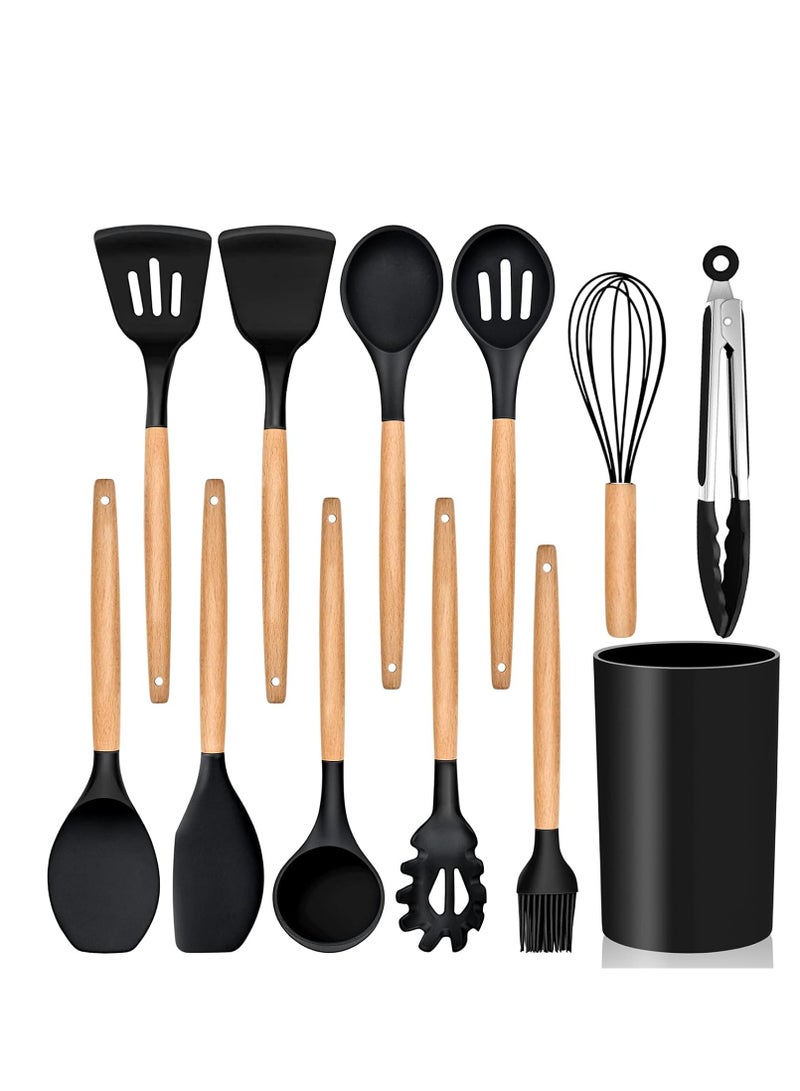 Raxoom Kitchen Utensils Set of 12, Silicone Cooking Utensils with Holder, Non-stick Cookware Friendly & Heat Resistant, Includes Spatula Tong Whisk Ladle Brush Slotted Turner Spoon(Black) - Image 1