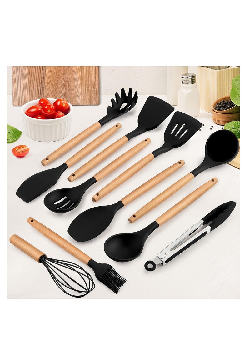 Raxoom Kitchen Utensils Set of 12, Silicone Cooking Utensils with Holder, Non-stick Cookware Friendly & Heat Resistant, Includes Spatula Tong Whisk Ladle Brush Slotted Turner Spoon(Black) - Image 2