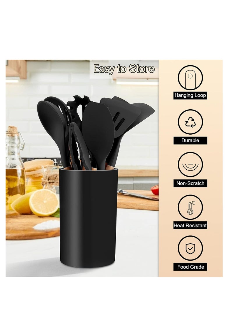 Raxoom Kitchen Utensils Set of 12, Silicone Cooking Utensils with Holder, Non-stick Cookware Friendly & Heat Resistant, Includes Spatula Tong Whisk Ladle Brush Slotted Turner Spoon(Black) - Image 3