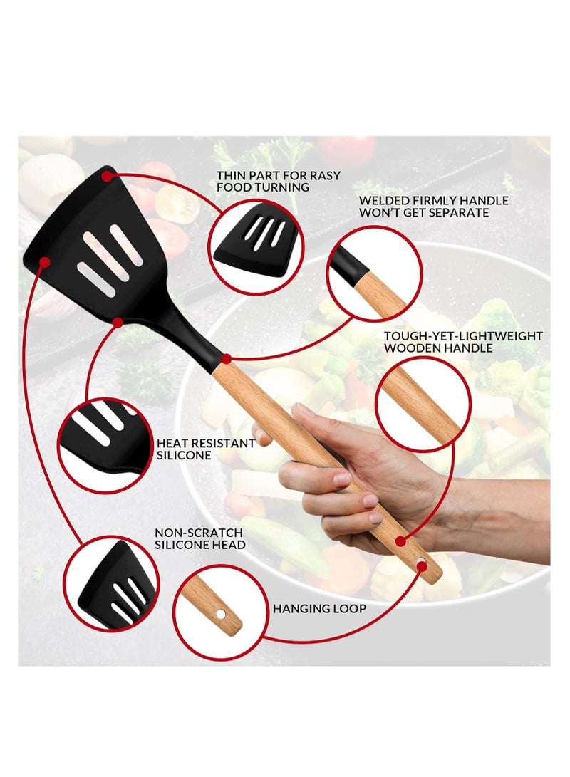Raxoom Kitchen Utensils Set of 12, Silicone Cooking Utensils with Holder, Non-stick Cookware Friendly & Heat Resistant, Includes Spatula Tong Whisk Ladle Brush Slotted Turner Spoon(Black) - Image 4